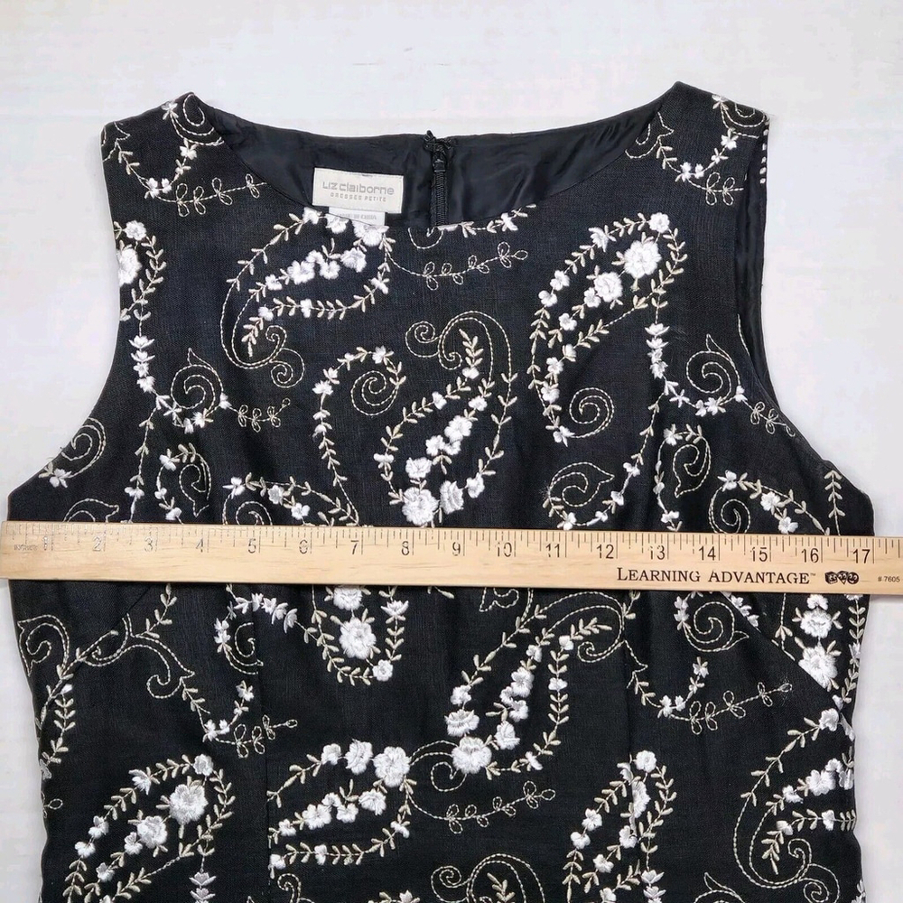 Black Linen Embroidered Paisley Dress Elegant Vtg Romantic Size 8P Liz Claiborne - Picture 4 of 12